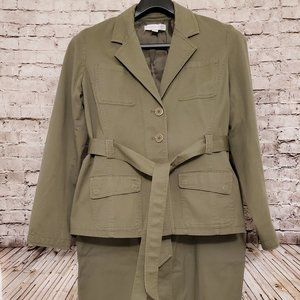 New York & Company L Safari 2 piece Suit lined belted Skirt full length zipper